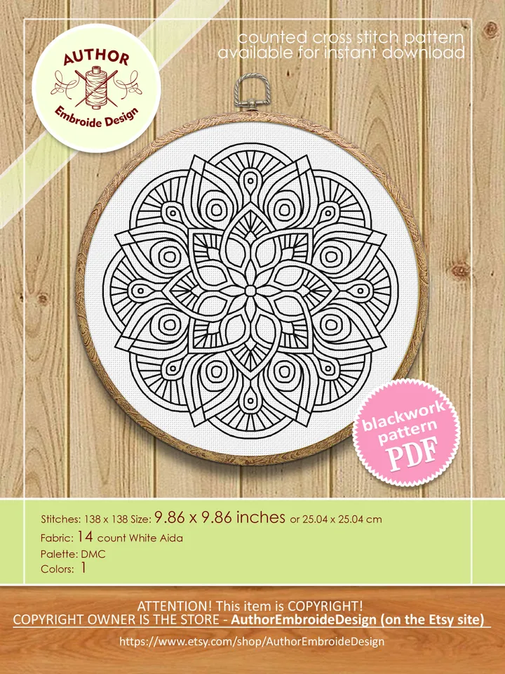 Flower mandala blackwork pattern PDF download Mandala ornament Backstitch chart, Blackwork mandala embroidery PDF, Mandala cross stitch #W36