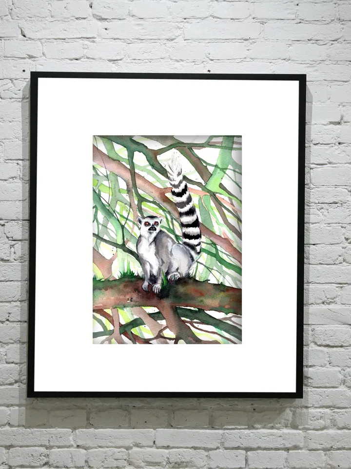 The feline lemur Original watercolor, animal painting, wall decor, animals lover gift, 8x11 in handmade art by Anne Gorywine