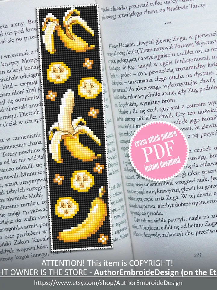 Bookmark banana cross stitch pattern PDF Tropical fruit cross stitch chart, Digital bookmark pattern instant download, Banana design #B141
