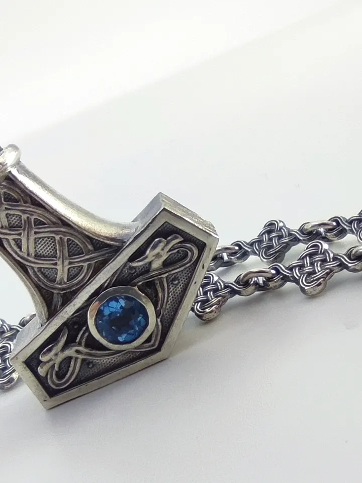 Thor's Hammer - Sterling Silver Pendant with Natural Blue Topaz