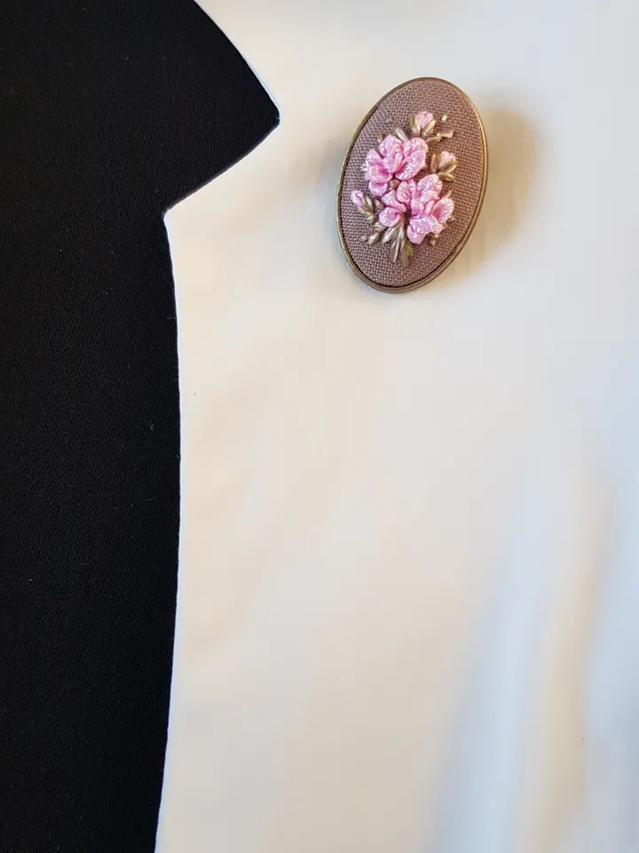 Ribbon embroidered brooch for her, handmade embroidery jewelry