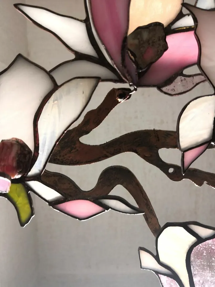 Stained Glass: Lovebirds – Blue Jays on Magnolia Branch with Agates, Stained Glass Bluebirds on Magnolia Branch, Romantic Stained Glass Lovebirds with Agates, Blue Jays on Magnolia – Stained Glass Art, Handmade Stained Glass Birds and Blossoms