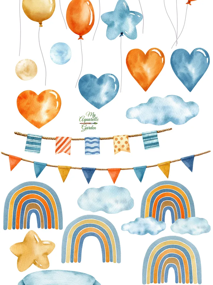Party decoration. Watercolor clipart. Printable balloons, flags, stars, banners. Holiday wishes, invitations. Instatnt download PNG files