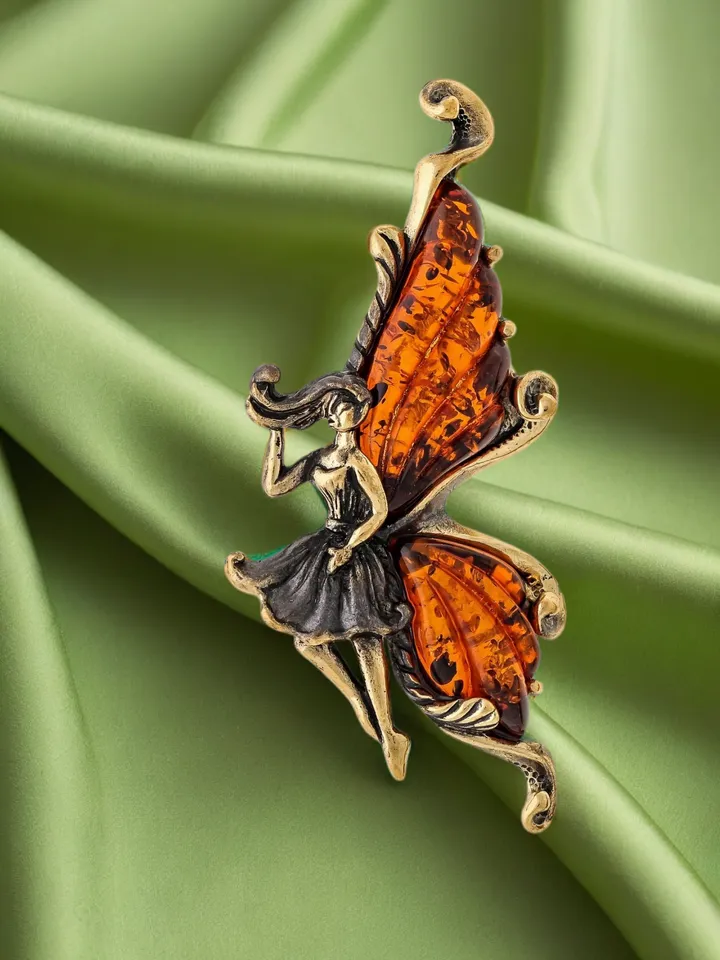 Fairy Butterfly Brooch Jewelry Gift For Women Girlfriend Christmas Birthday Gift girl Fairytale Jewelry Figure Brooch For Her Gold brass with black dark orange amber