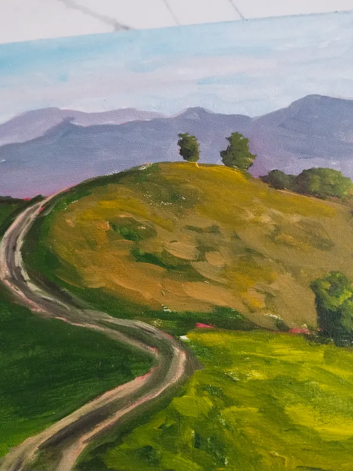 Landscape oil painting Green hills with horse Wallart on panel