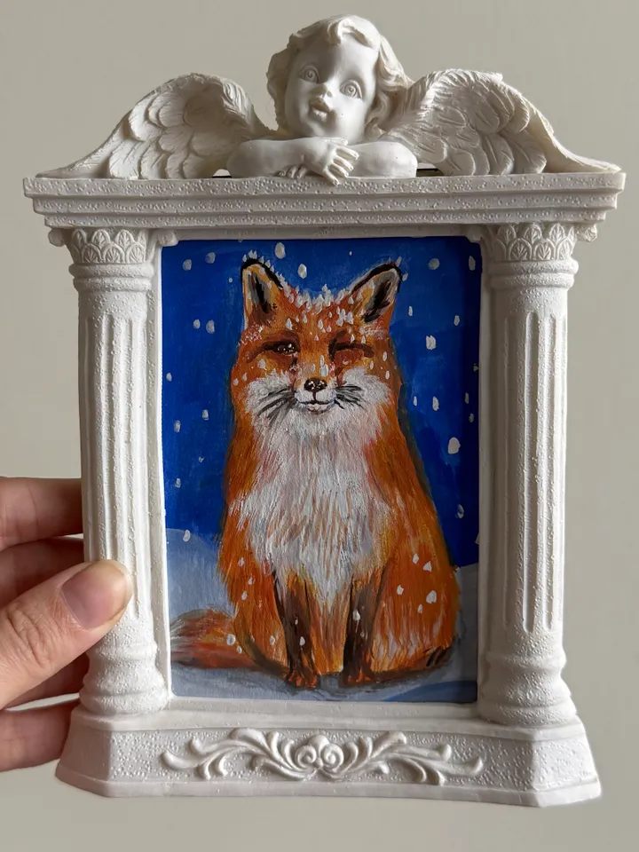 Fox Gouache Painting Original In Vintage Style Frame Small Framed Animals Wildlife Art