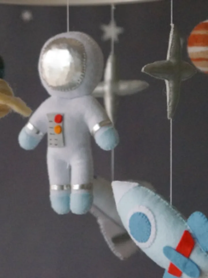 A space baby mobile. Spaceship and planets for boy's nursery decor,  outer space orbit handmade mobile