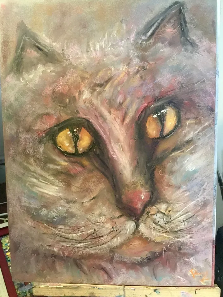Fluffy cat original soft pastel painting,funny animals wall art,kids room decoration,nursery room painting,pink cat pastel painting,gift.