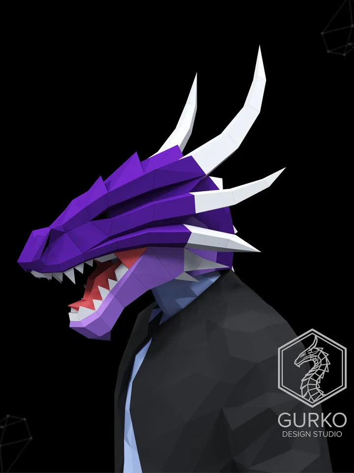 Dragon Mask Papercraft, Digital Template, PDF Download, Gurko, 3D Low Poly Animal Mask, DIY Origami, Pepakura, Paper Mask, DIY Costume