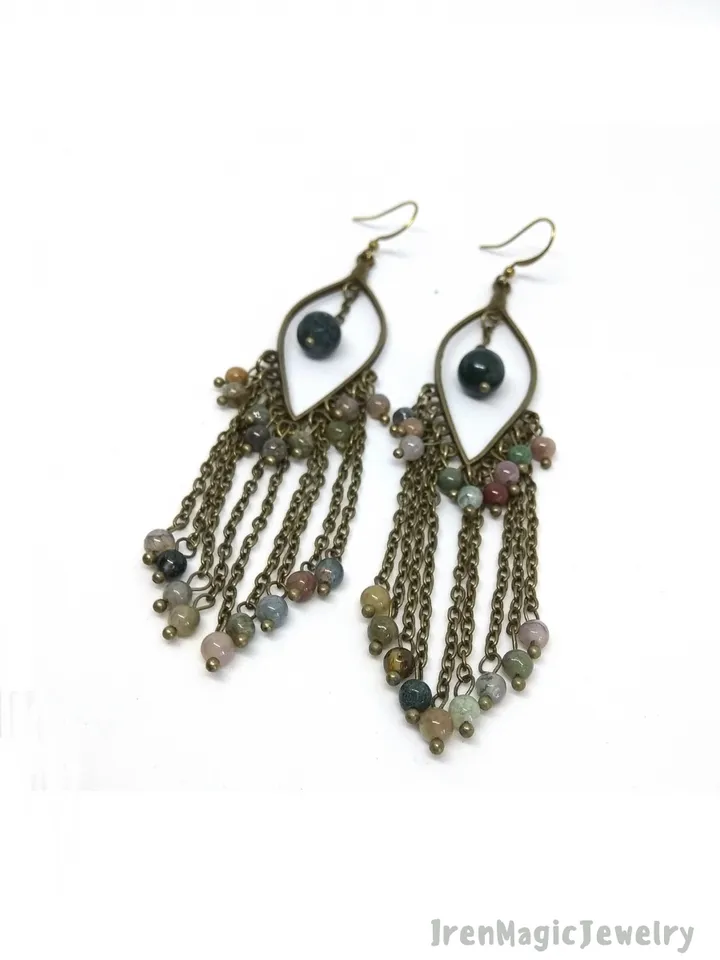 Long Boho Earrings with Indian Agate