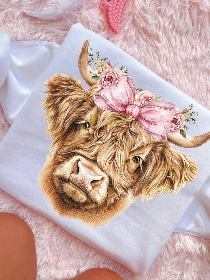 Highland cow png coquette bow png soft girl era aesthetic png highland cow clipart coquette shirt design retro mama png sublimation design
