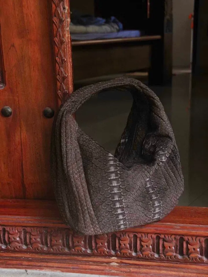 Medium Soft Hobo Classy Sport Woman Stitched Bag | Purse Genuine Python Skin | Dewi Brown Big Elegant Leather Designer Soft Bag Snake |