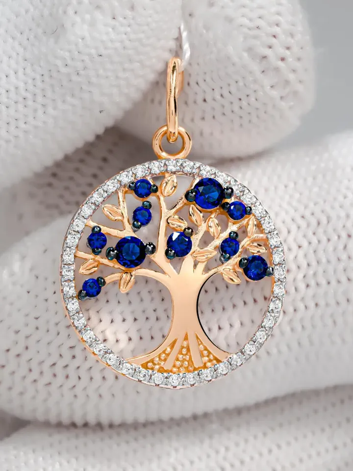 Pendant silver 925 on the neck, gold 585 coating, tree of life, with nano sapphire