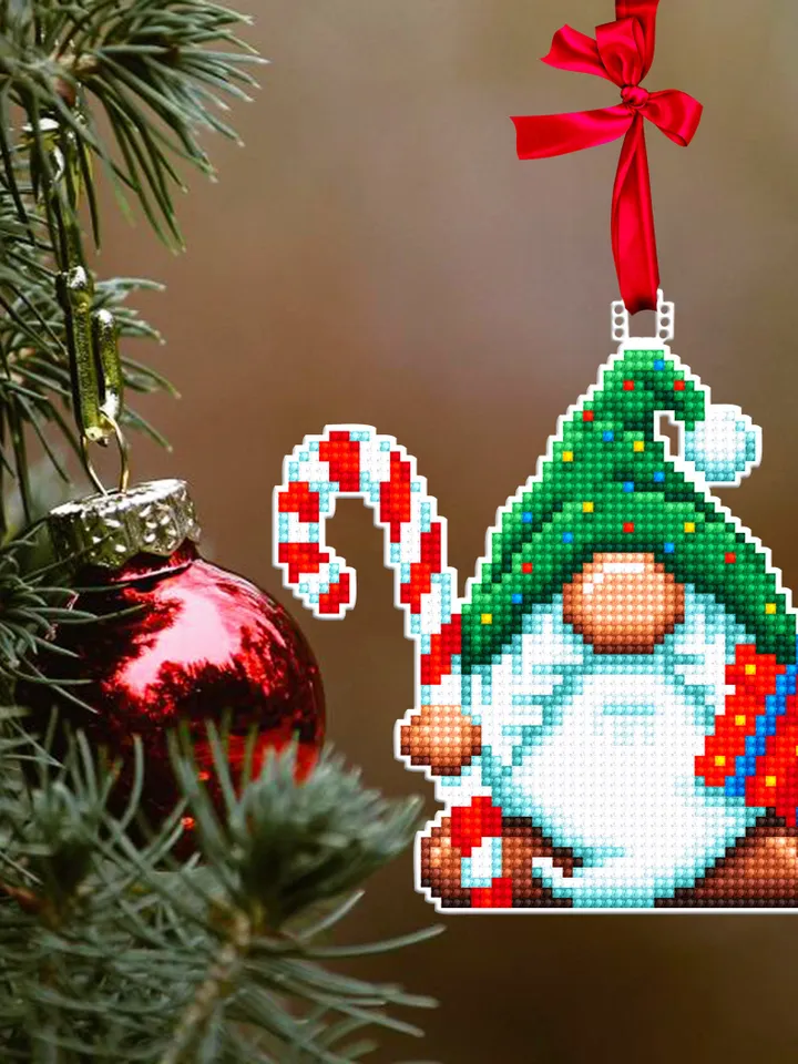 Gnome Christmas tree decor for plastic canvas cross stitch pattern PDF download Double-sided Christmas gnome on plastic canvas pattern #N98