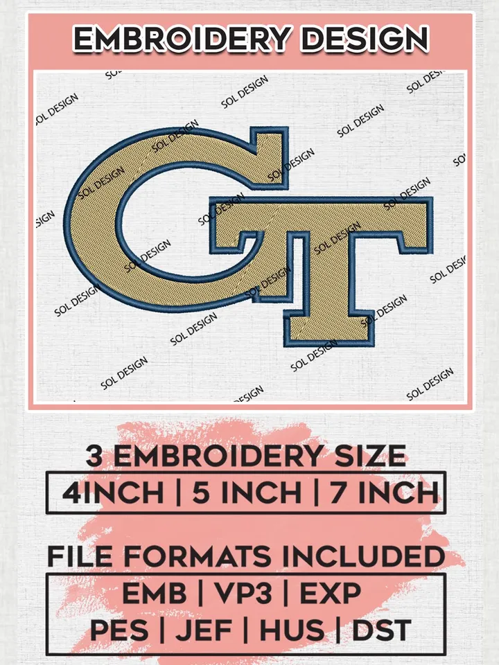 Georgia Tech Yellow Jackets Logo Machine Embroidery Design, NCAA Georgia Tech Yellow Jackets Embroidery Design Design files, NCAA Embroidery Designs, NCAA Machine Embroidery Designs, Digital Download