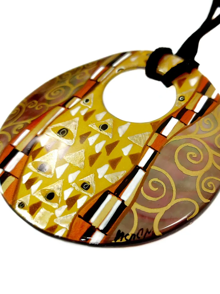 Pearl pendant necklace: Abstract art in style of Gustav Klimt painted on Mother of pearl necklace • Aesthetic stylish pendant for her dress