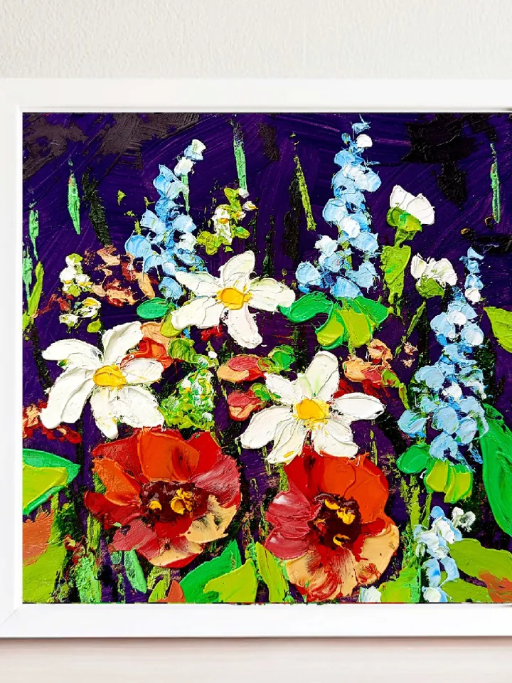 Wildflower Painting Birthday Flower Poppy Original Art Floral hand-painted Mini Landscape 6x6” Small Unique Art Decor by ArtProkopaloSv