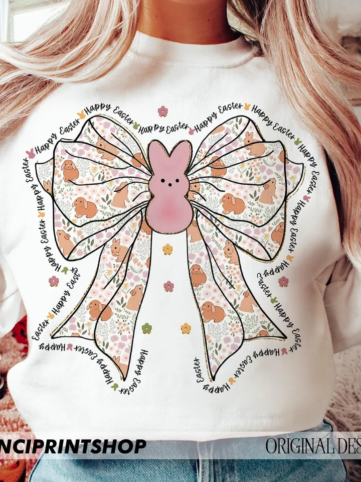 Bunny Coquette easter png, Floral easter bow png, happy easter png, easter coquette png, bunny bow png, Girls Easter, Retro Easter png