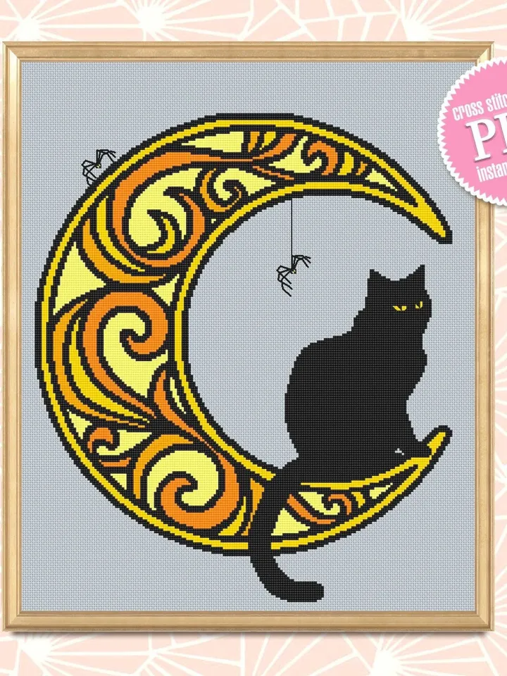 Halloween cat on crescent moon cross stitch pattern PDF download Black cat cross stitch chart, Mandala moon pattern digital PDF #M170