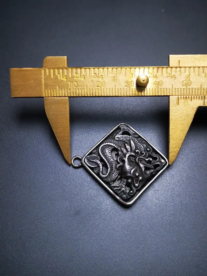 Gandhanra Antique Tibetan Buddhist Amulet,Dragon -the Four Dignities(Garuda,Tiger,Dragon,Lion),Protective Pendant,Inlaid with Sliver