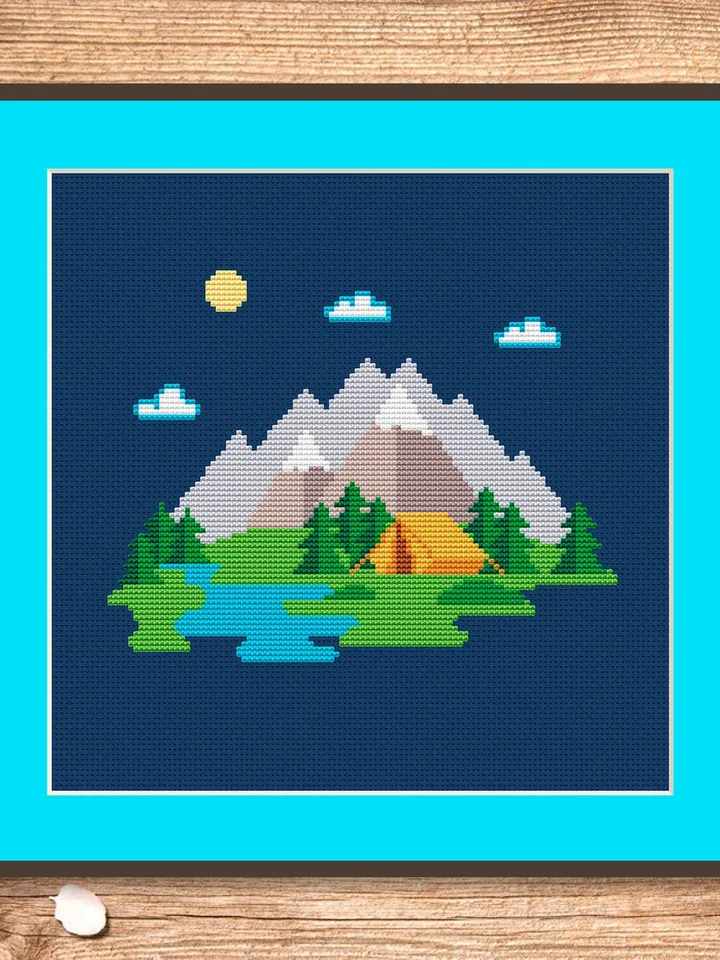 Mountain Landscape Cross Stitch Pattern, Island Cross Stitch, Embroidery Travel, Travel Cross Stitch Pattern, Modern Cross Stitch #trl006