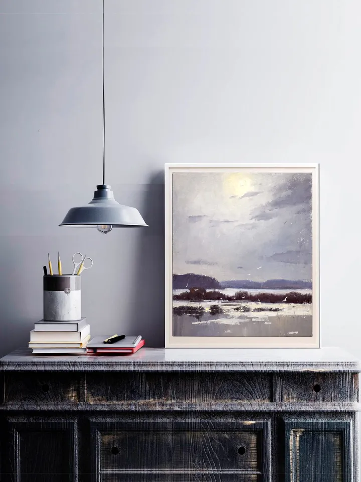 Winter landscape oil painting original. Lake paintings