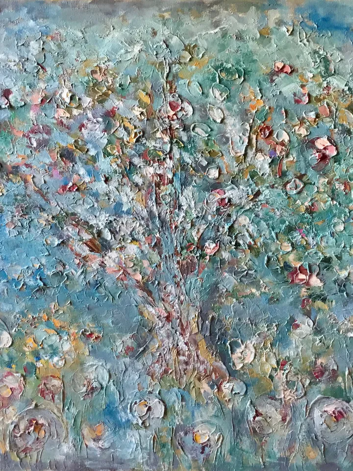Apple tree original oil impasto style textured painting on stretched canvas,home decoration,impressionistic,large canvas wall art
