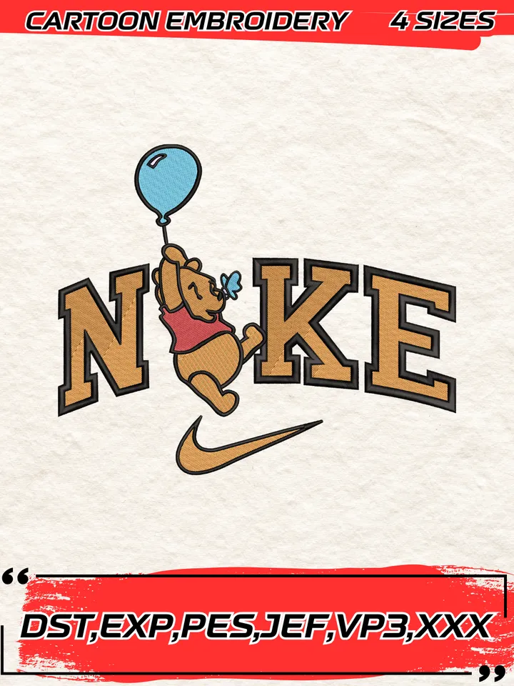 Swoosh Winnie The Pooh Embroidery Design,Winnie The Pooh Embroidery Design,Machine Embroidery Design File,4 Sizes, Digital Download