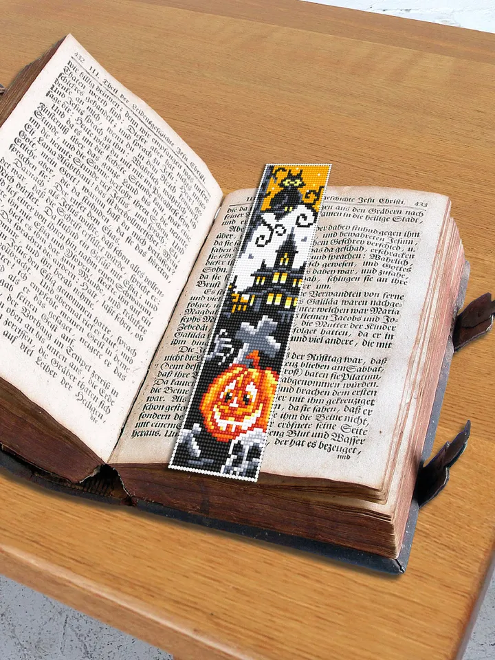 Halloween bookmark cross stitch pattern PDF download Haunted house cross stitch chart, Handmade bookmark pattern digital PDF, Pumpkin #B36