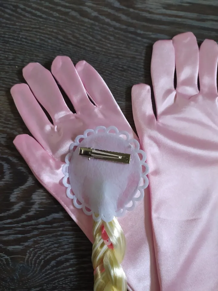 Children's satin gloves, pink, blue, a set of Elsa, Anna, frozen hair, festive set, festival gloves, artificial braid,ice gloves