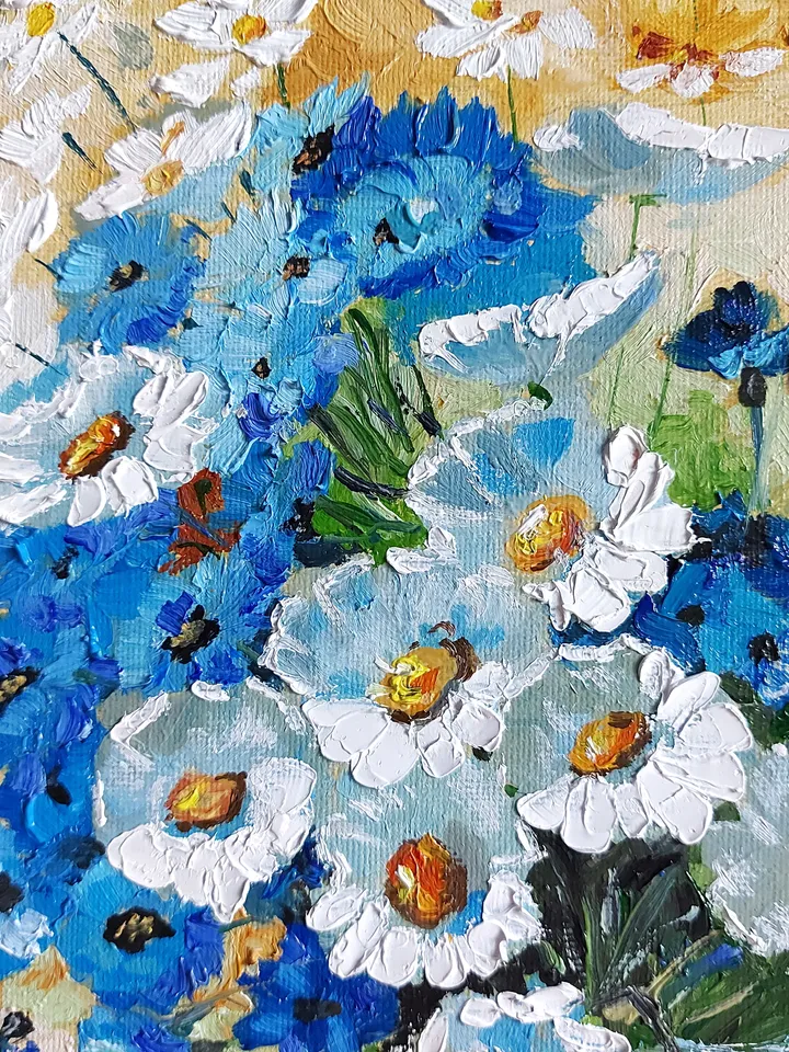 Original oil painting Daisies and cornflowers Bouquet of wildflowers 12" by 12" (30x30cm) by OilPaintingNatali