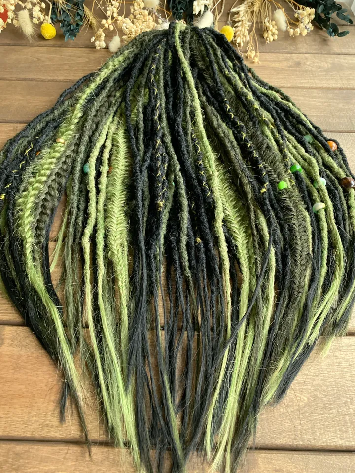 Black and forest green Double Ended Synthetic dreadlocks, ready to ship
