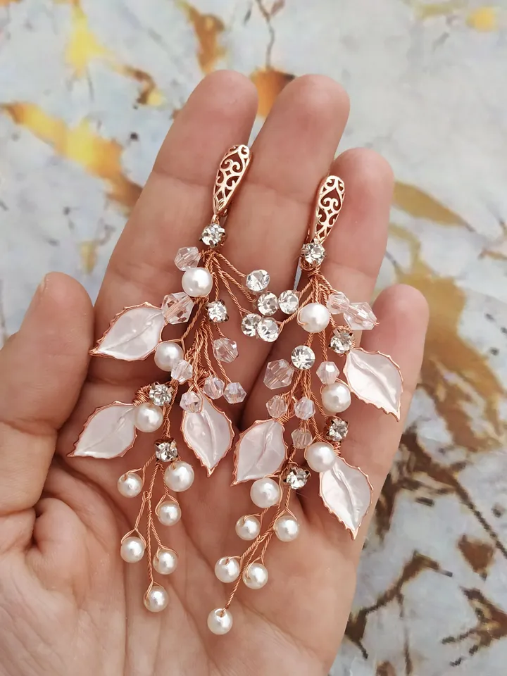 Rose Gold Leaf Floral Bridal Earrings, Chandelier Statement Boho Earrings, Bridal Vine Earrings, Boho Wedding Earrings, Pearl earrings,