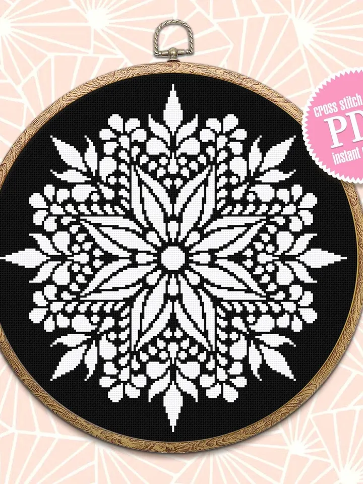 Flower mandala cross stitch pattern download PDF Simple mandala embroidery PDF Monochrome cross stitch chart Modern quick cross stitch #M100