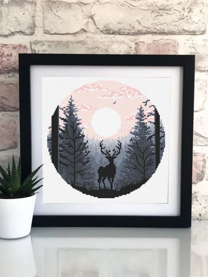 Nature landscape cross stitch pattern PDF download Deer cross stitch chart, Simple cross stitch beginner, Forest sunset digital pattern #L74