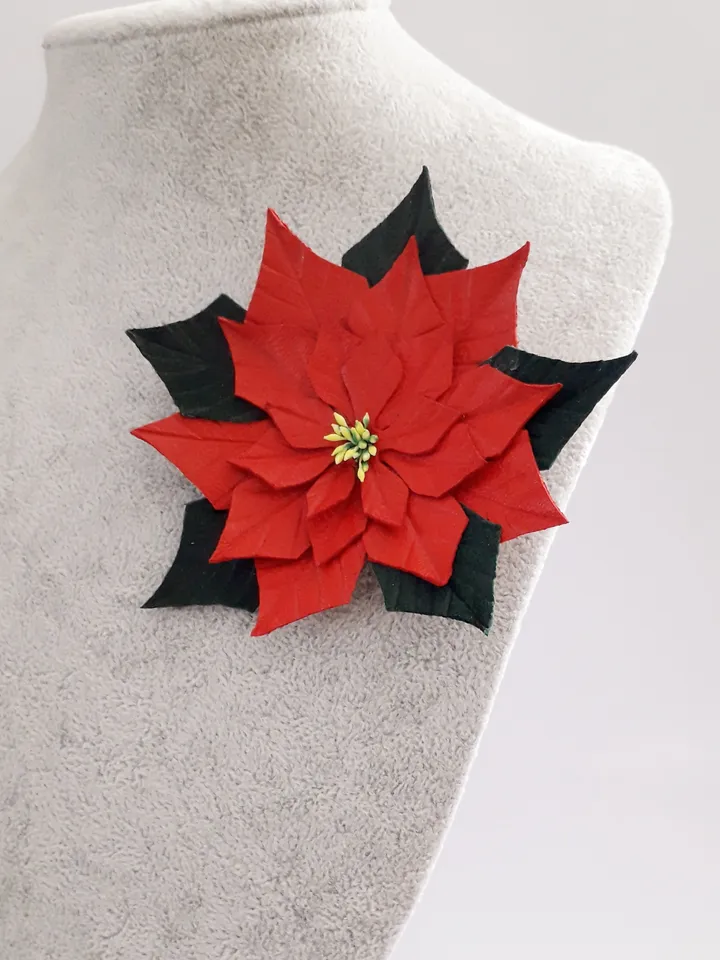 Red poinsettia leather brooch 3rd anniversary gift for wife, Leather women's jewelry