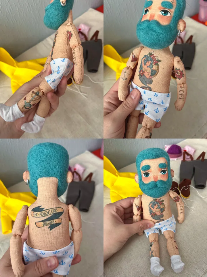 Textile doll sailor with turquoise hair