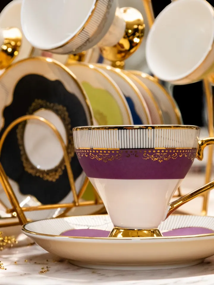 14K Genuine Gold Powder Porcelain Tea Cups And Saucers | Tea Cups Saucers Set | Gold Porcelain Set | Elegant Teaware | Gift For Tea Lovers