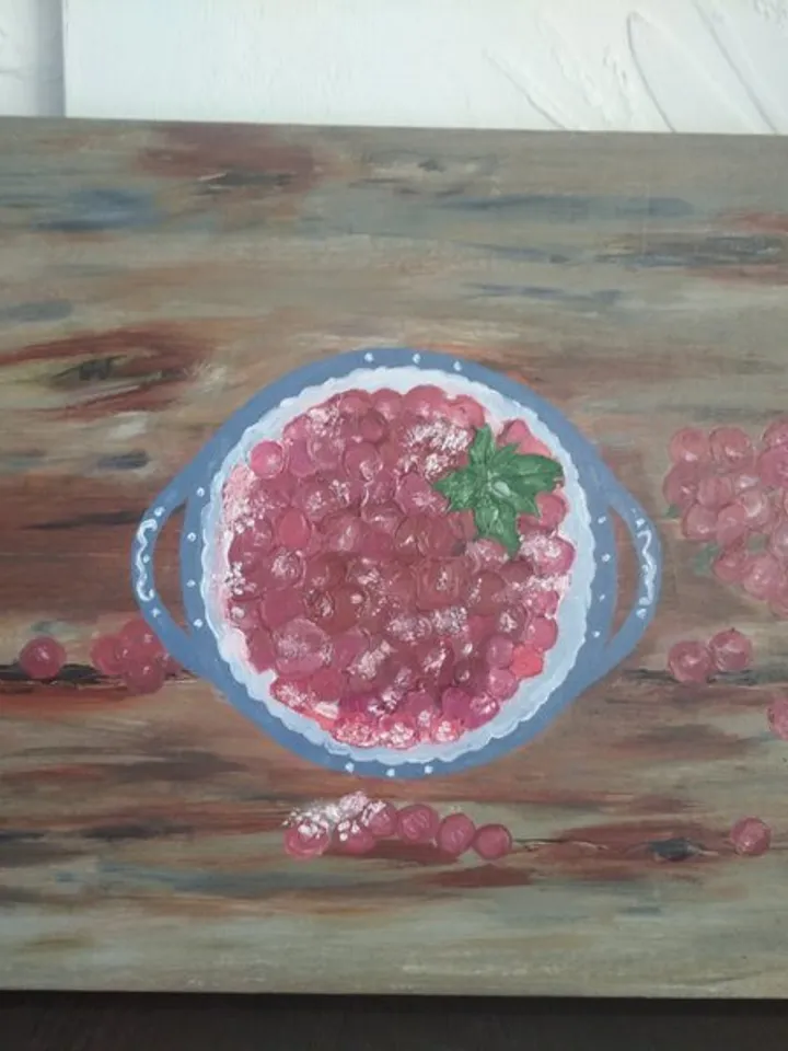 Still life with fruits, plate with cranberries in sugar on wooden table, painting for kitchen, canvas 18x14 inches
