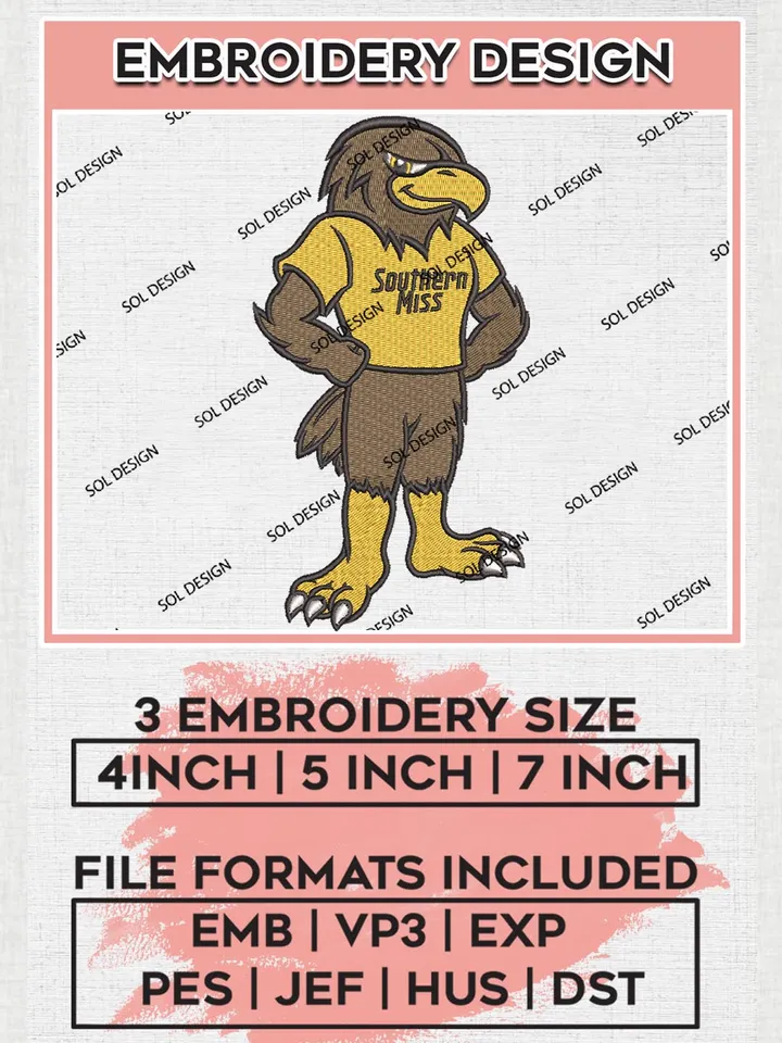 NCAA Southern Miss Team Mascot Logo Embroidery Design Files, NCAA Southern Miss Golden Eagles Machine Embroidery, NCAA Teams, 3 sizes, NCAA Machine embroidery designs, Digital Download