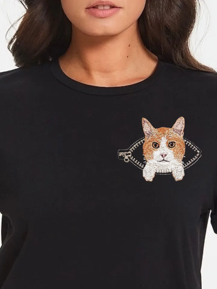 Red cat in a zipper pocket Miniature realistic machine embroidery design Pet design cat realistic pattern kitty embroidery motif