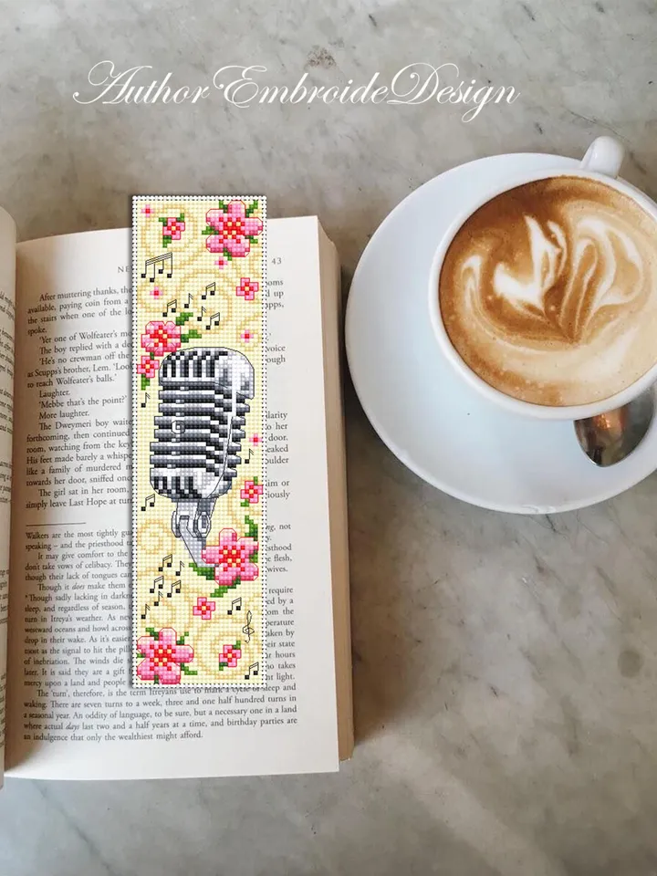 Music bookmark cross stitch pattern PDF download Retro Vintage microphone cross stitch chart, Flower bookmark pattern digital PDF #B410