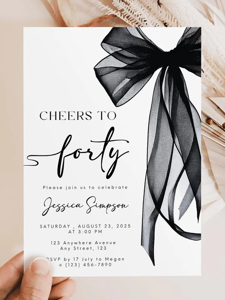 Coquette Black Bow 40th Invitation, Editable Fortieth Birthday Party Invite, DIY Digital Black Ribbon, Cheers to Forty Invite