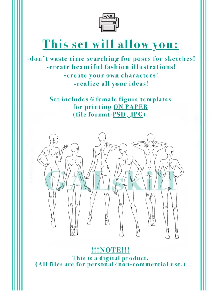 Templates, Body poses of female figure, set "Back"