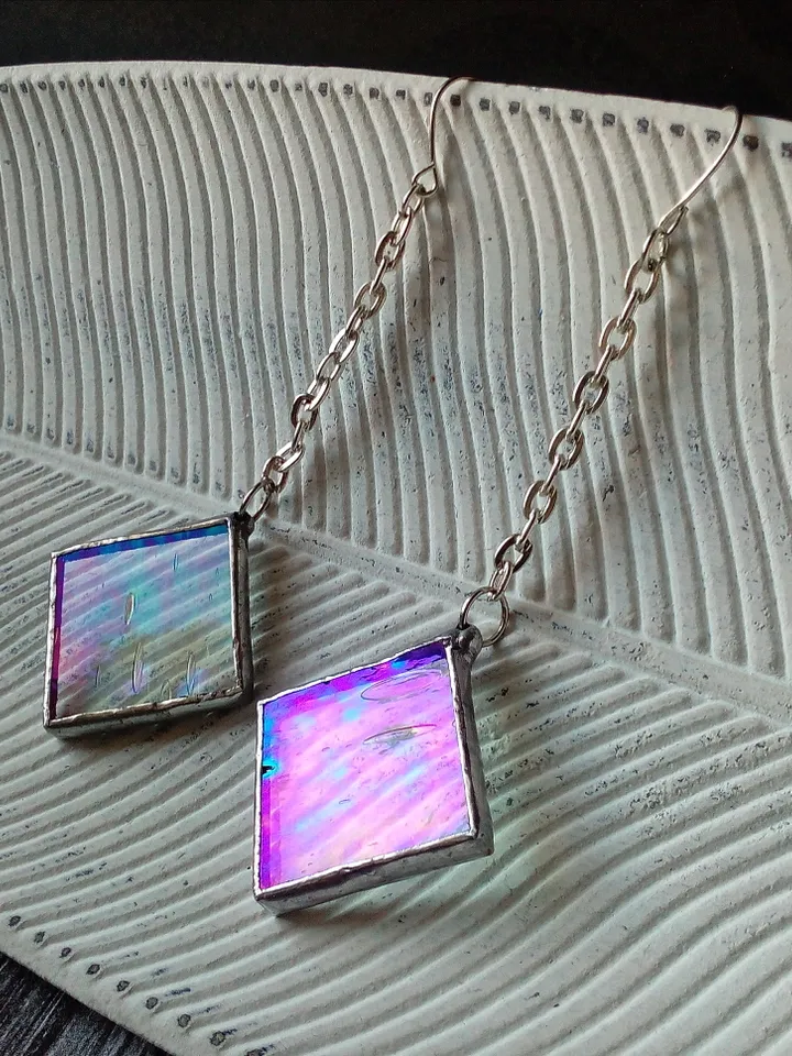 Iridescent stained glass, clear earrings, cute squar earrings, dichroic earrings, duochrome earrings