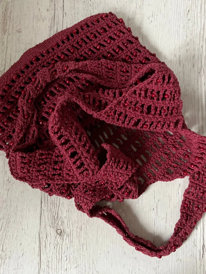 Cotton purple bag with beads, net avoska bag, market vegan bag, tote beige bag, eco friendly bag, macrame tote, zero waist