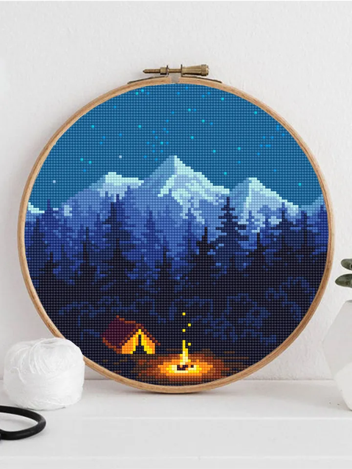 Nature cross stitch pattern download PDF Mountain landscape cross stitch Camping tent xstitch chart Night nature PDF Travel home decor #L43