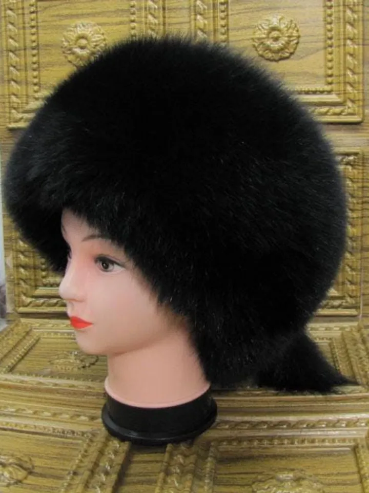 Women's hat made of fox fur. Black fur hat made of natural fur. Winter hat made of whole fur, warm, comfortable Barbara.