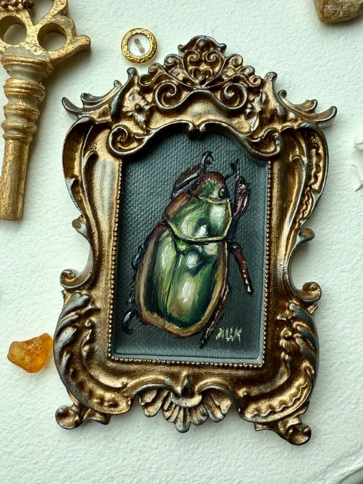 Framed Insect Oil Painting Original Entomology Art Beetle Painting Gold Frame Dark Academia