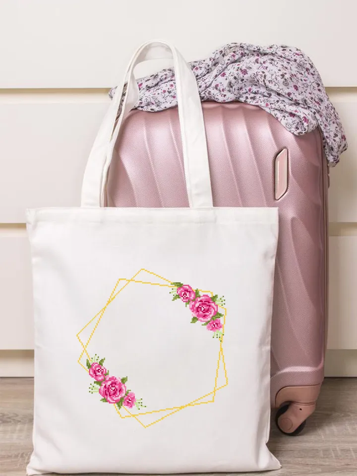 Flower frame cross stitch pattern PDF download Your text here, Roses wreath cross stitch chart, Pentagon frame pattern digital PDF #Y8